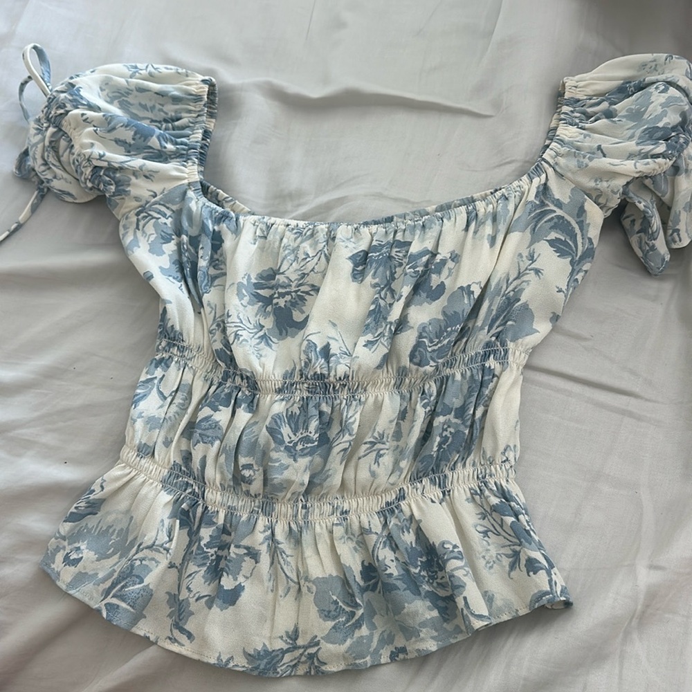 Reformation smocked blue and white top